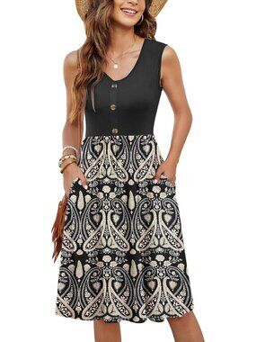 Women's Apricot Black Summer Sleeveless Casual Loose Swing Button Down Sundress